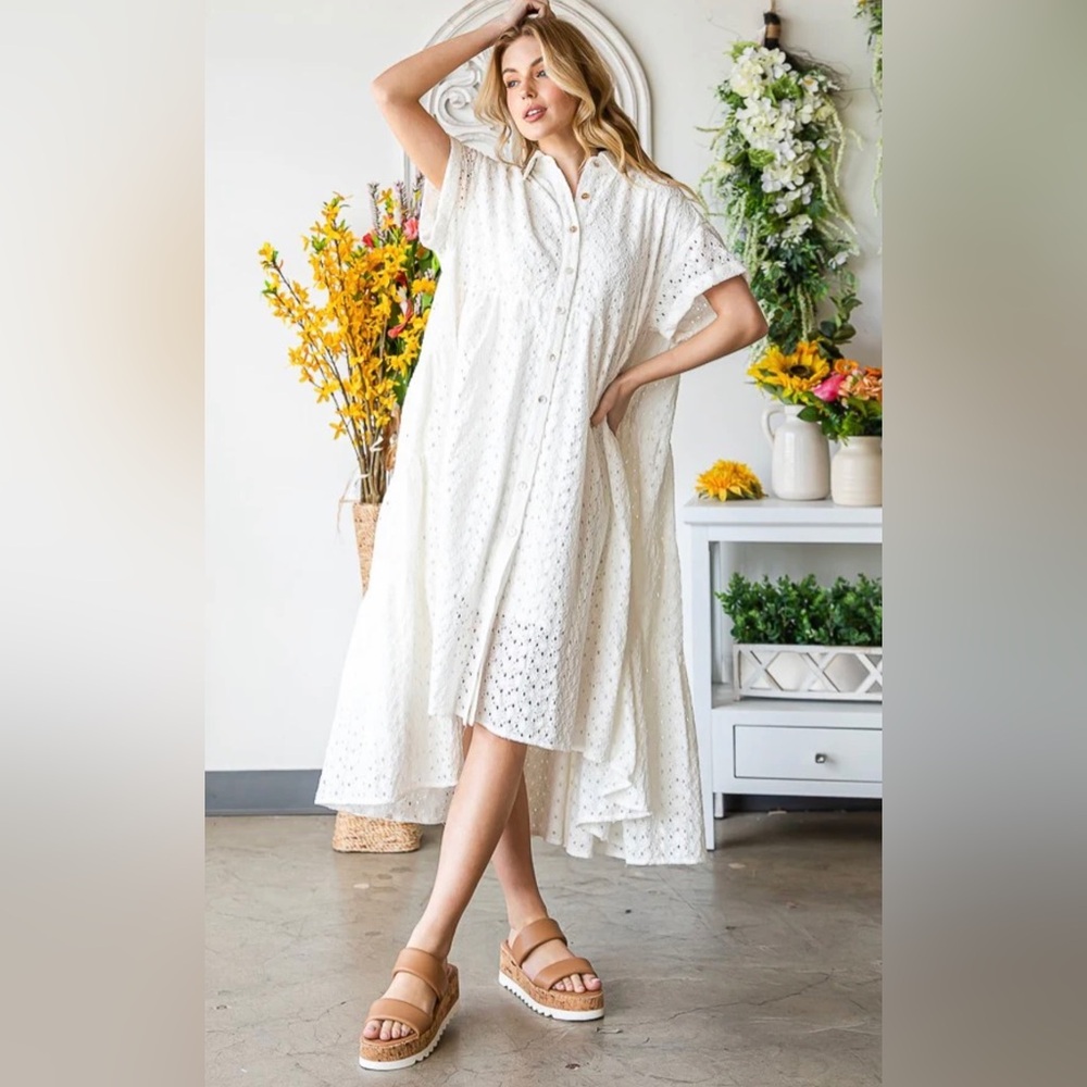 New OLI + HALI Camilla Midi Dress White Eyelet Boho Oversized Cotton Tiered Knit